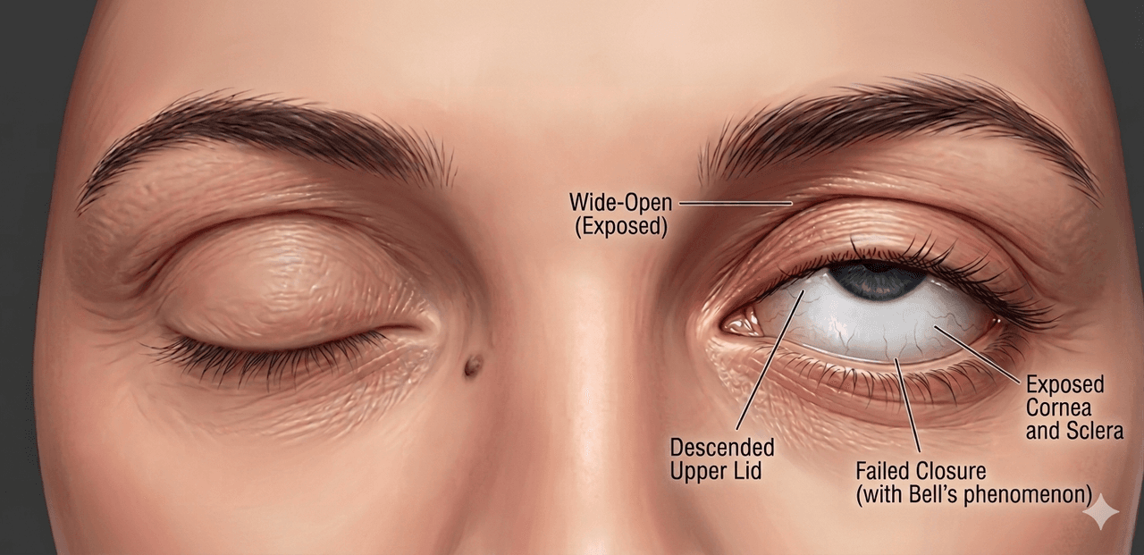Clinical photograph of lagophthalmos showing incomplete eyelid closure โ wide-open exposed eye with descended upper lid, failed closure with Bell's phenomenon, and exposed cornea and sclera
